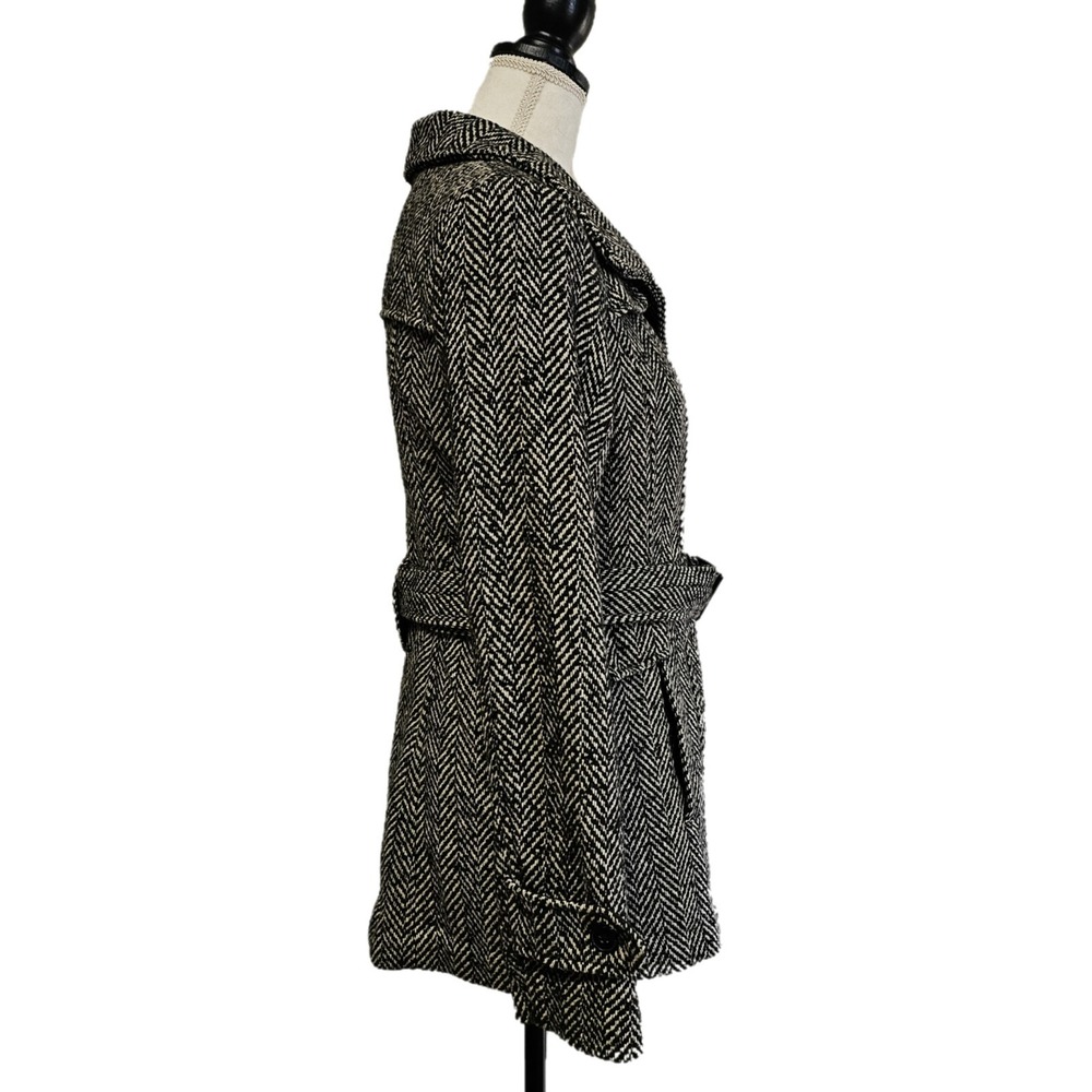 Nicole Miller Black‎ And White Herringbone Belted Single Breasted Coat Size S - Picture 2 of 5